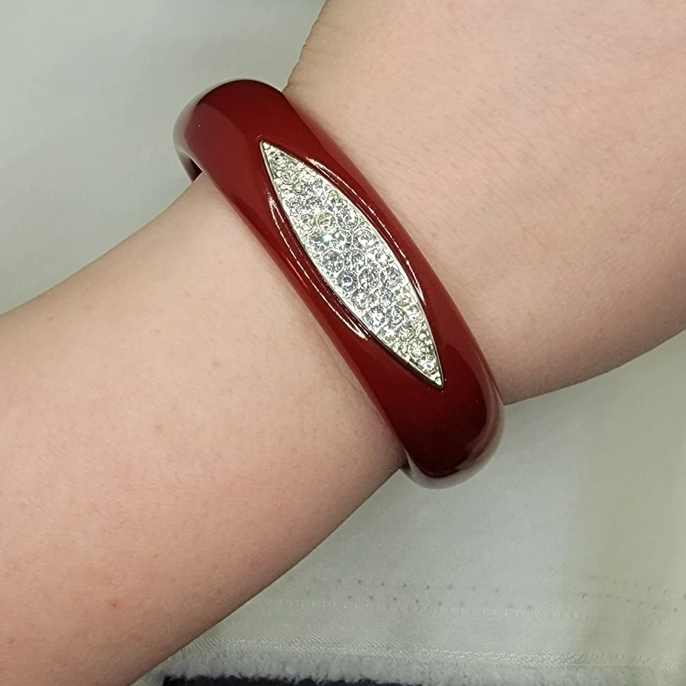 Red Lucite Pave Accent Bangle Bracelet Rouge Red Bracelet Accent Diamond Pave